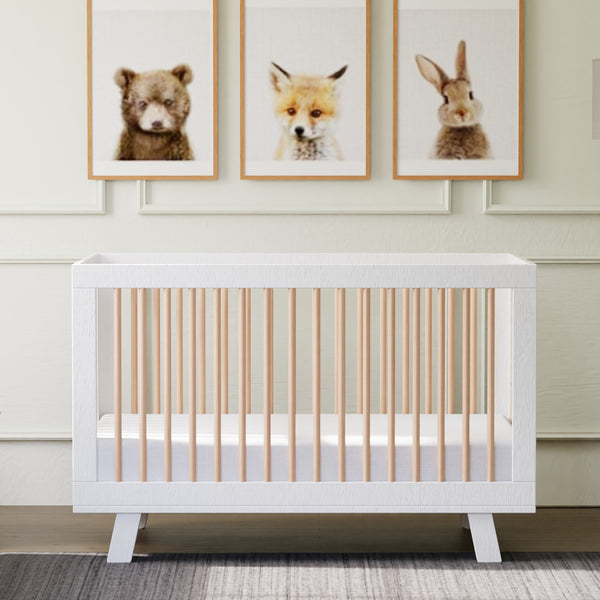 babyletto modern midcentury Hudson 3-in-1 Convertible Crib with Toddler Bed Conversion Kit in Grey Finish White / Washed Natural