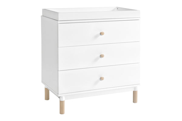 modern Gelato 3-Drawer Changer Dresser  White Color Feet w/Removable Changing Tray In Washed Natural White / Washed Natural